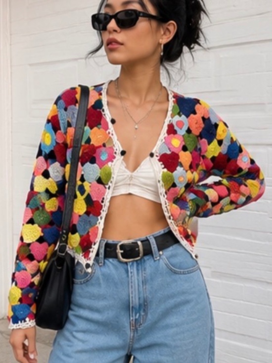 Inspired by BellePoint Sweaters - Vintage Y2K Crochet Granny Square Floral Cardigan Sweater Boho Festival M Color